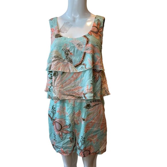 H&M Womens Floral Flowy Playsuit Romper Ruffle Layered Scoop Neck Blue Orange 4 - Picture 1 of 6